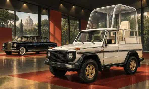Illustrazione editoriale di una Mercedes-Benz 230 G papamobile con cupola trasparente in primo piano e una limousine storica sullo sfondo.