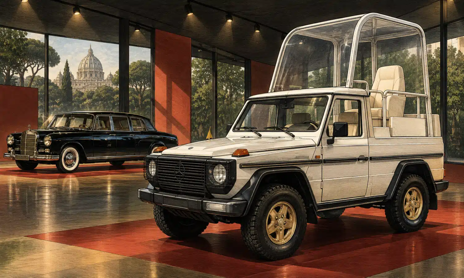 Illustrazione editoriale di una Mercedes-Benz 230 G papamobile con cupola trasparente in primo piano e una limousine storica sullo sfondo.