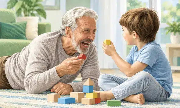 Illustrazione di un uomo anziano e un bambino che giocano insieme con blocchi da costruzione.