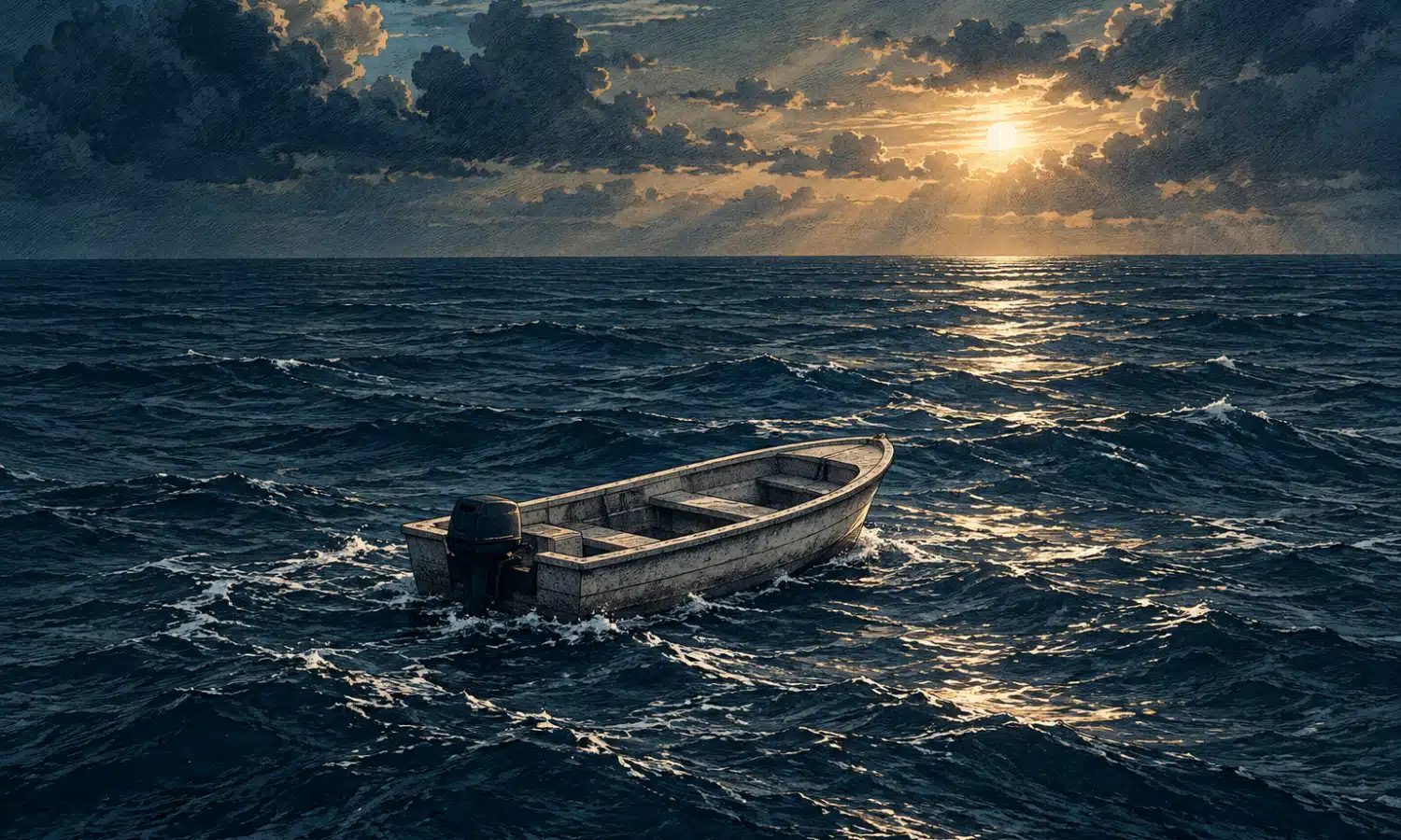 Illustrazione di una piccola imbarcazione senza contrassegni sul mare aperto.