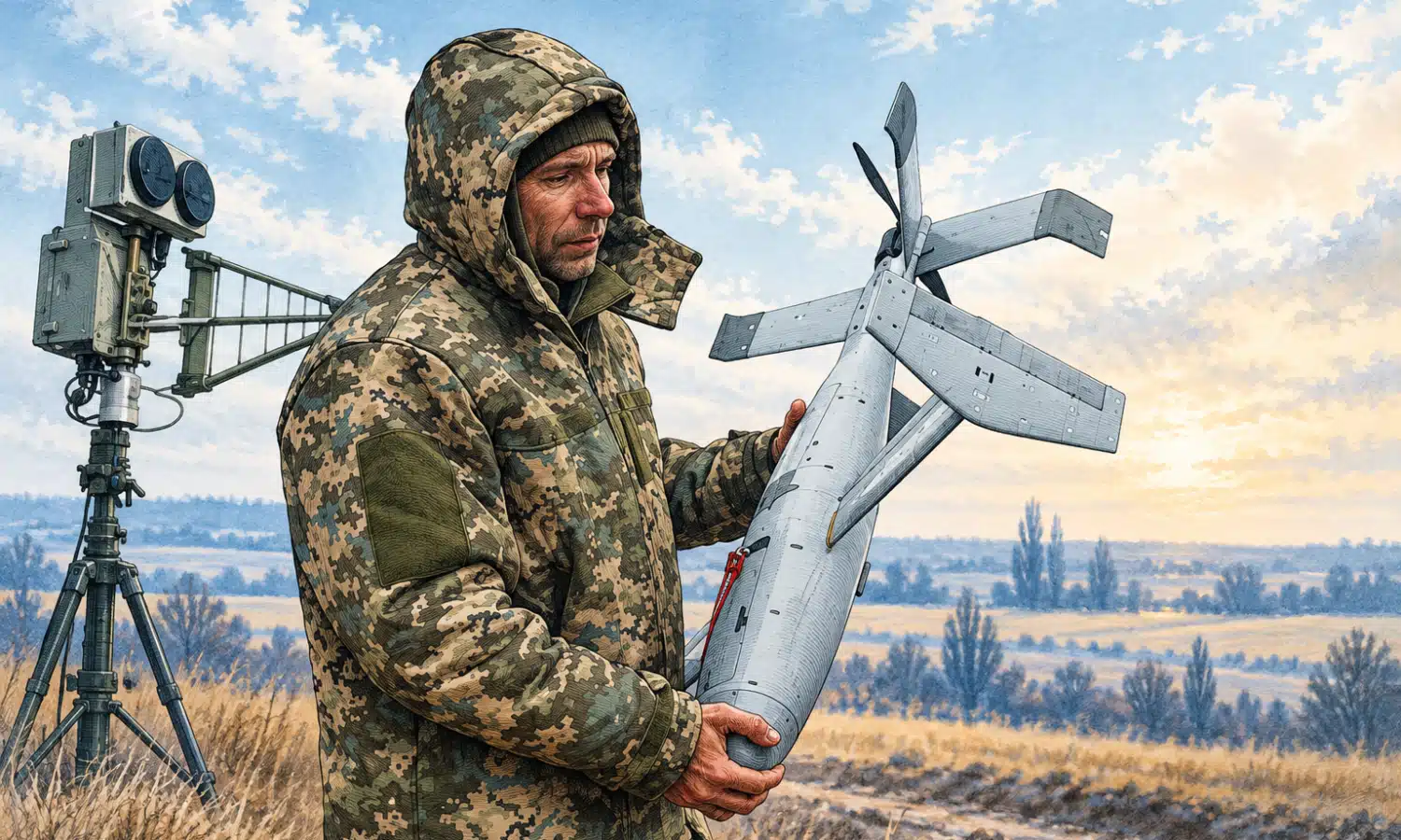 Un militare generico tiene un drone ad ala fissa non contrassegnato, in un’illustrazione sui nuovi aiuti militari annunciati dai Paesi Bassi per l’Ucraina.