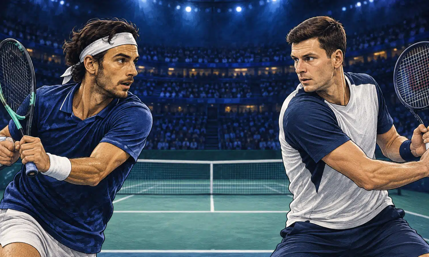 Un campo da tennis indoor vuoto con la rete al centro e due racchette ai lati opposti.