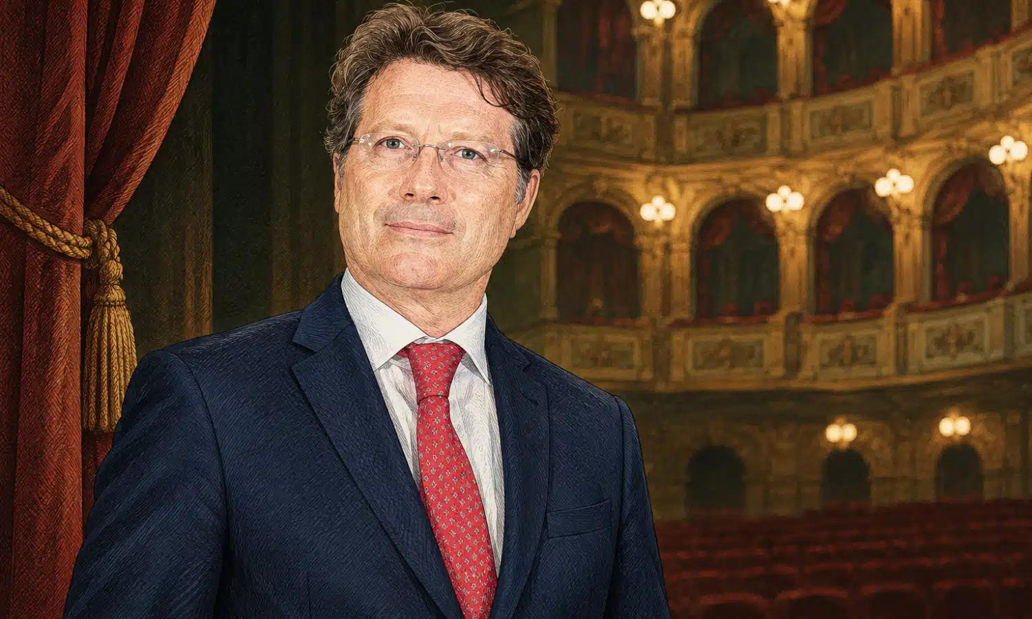 Ritratto illustrato di un uomo in abito scuro davanti a un interno teatrale appena accennato.