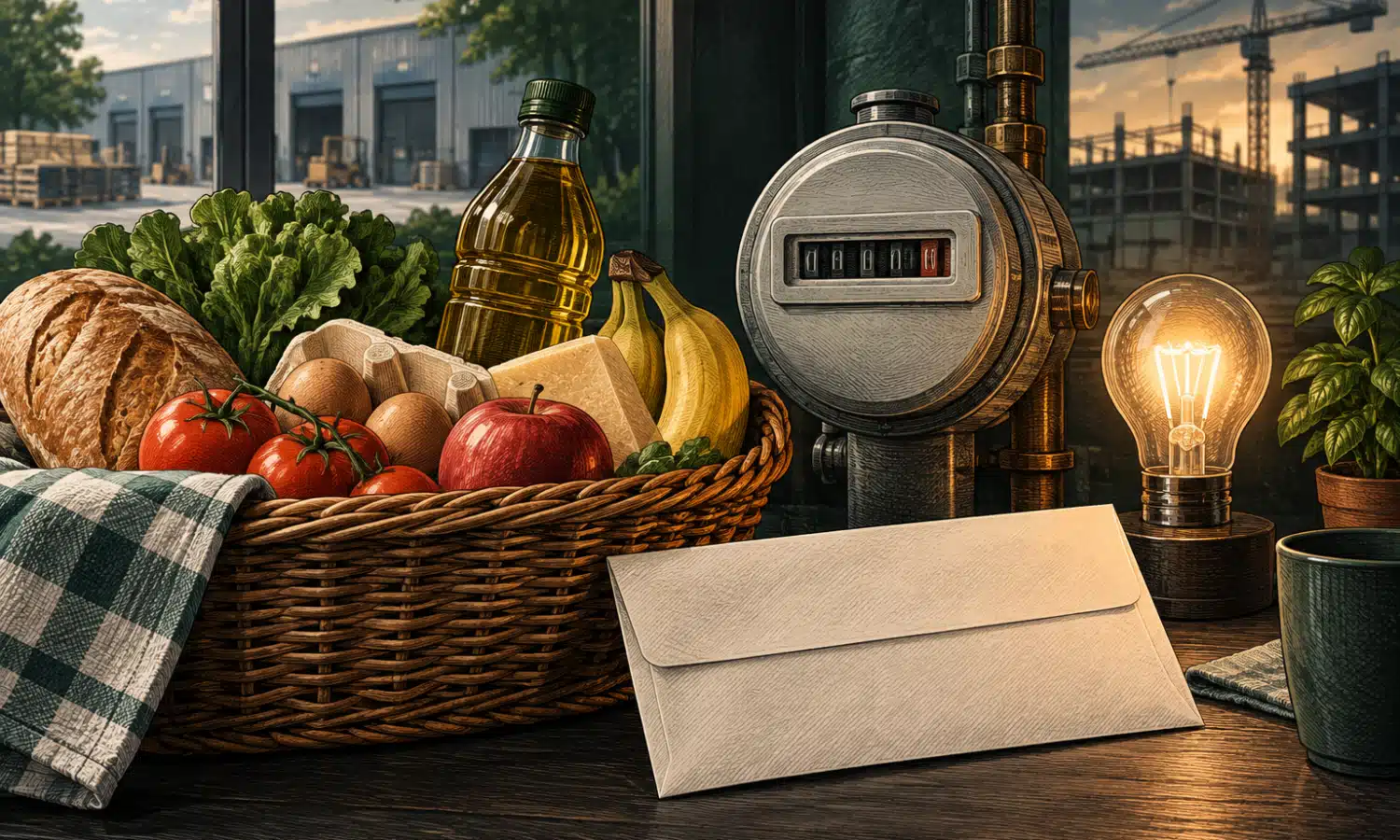 Cesta di generi alimentari accanto a un contatore domestico e a una busta paga anonima, in un’illustrazione editoriale economica.