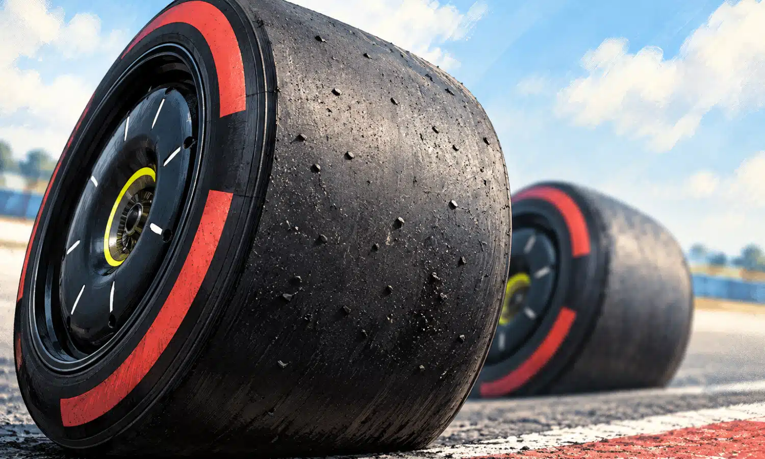 Illustrazione di una gomma slick da Formula 1 con una lieve irregolarità superficiale, riferimento al graining osservato nelle prove del Gran Premio di Città del Messico.