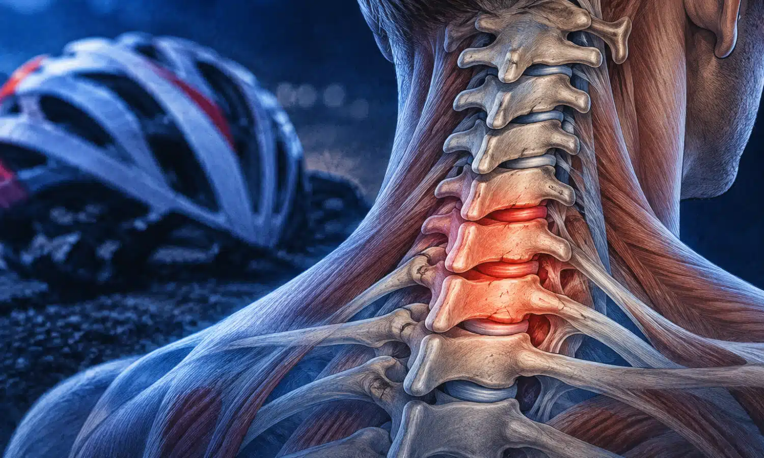 Illustrazione editoriale della parte alta della colonna vertebrale con un tenue accento luminoso sulle vertebre cervicali inferiori e toraciche superiori; sullo sfondo si intravede un casco da ciclismo.