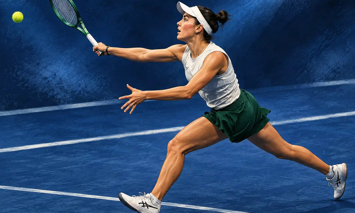 Illustrazione editoriale di una tennista in azione su un campo blu, ispirata alla posa della foto di riferimento.
