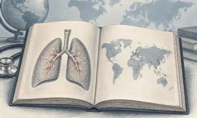 Illustrazione di un registro sanitario aperto, con un disegno dei polmoni su una pagina senza testo.