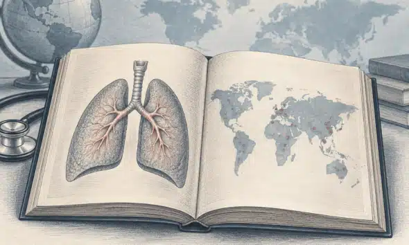 Illustrazione di un registro sanitario aperto, con un disegno dei polmoni su una pagina senza testo.