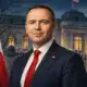 Illustrazione del presidente polacco Karol Nawrocki davanti alla sede del Tribunale costituzionale a Varsavia.