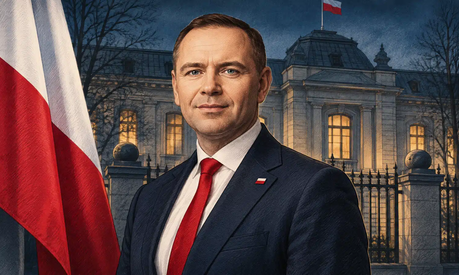 Illustrazione del presidente polacco Karol Nawrocki davanti alla sede del Tribunale costituzionale a Varsavia.