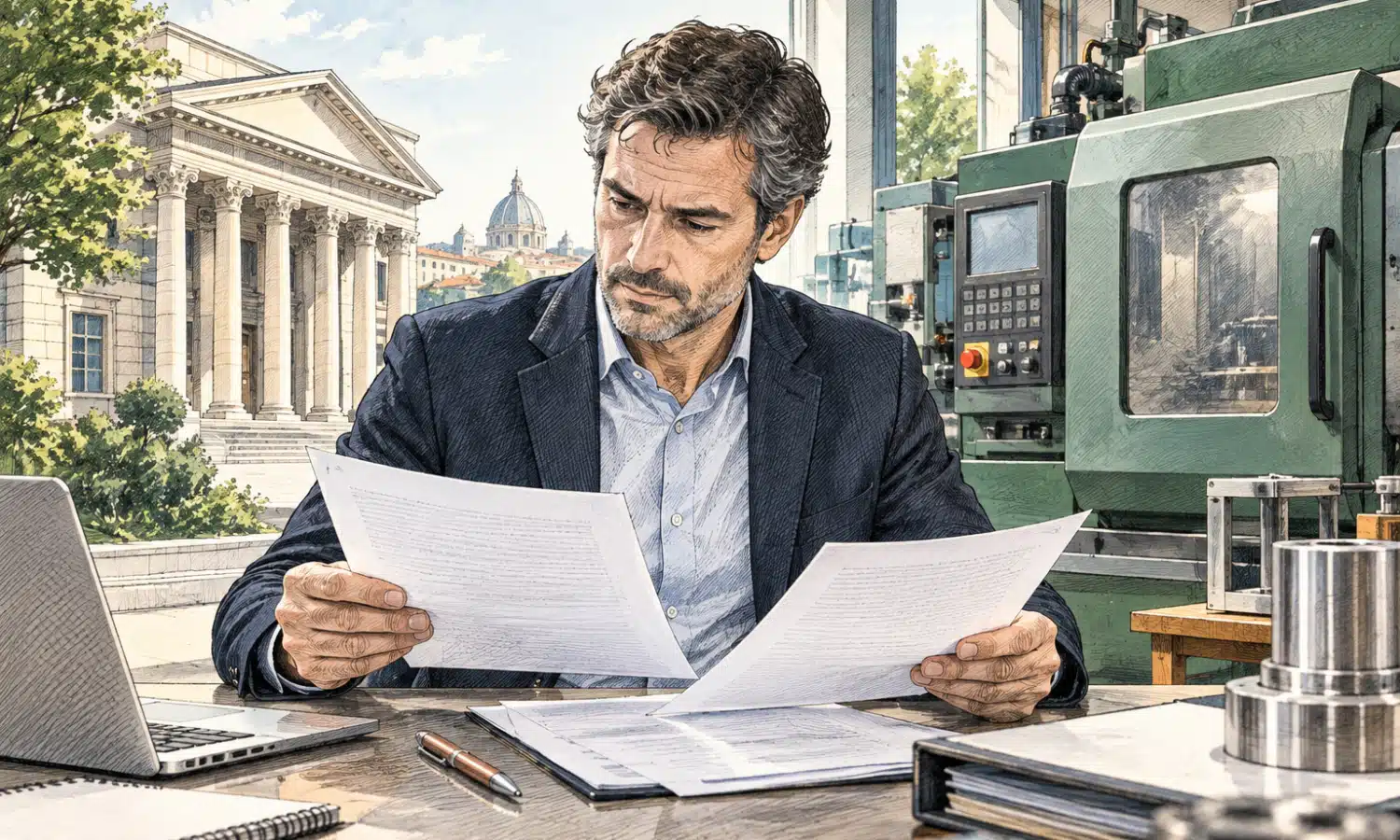 Un imprenditore consulta documenti di finanziamento accanto a un macchinario in un ambiente produttivo.