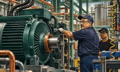 Illustrazione di un addetto accanto a macchinari industriali e componenti elettrici.