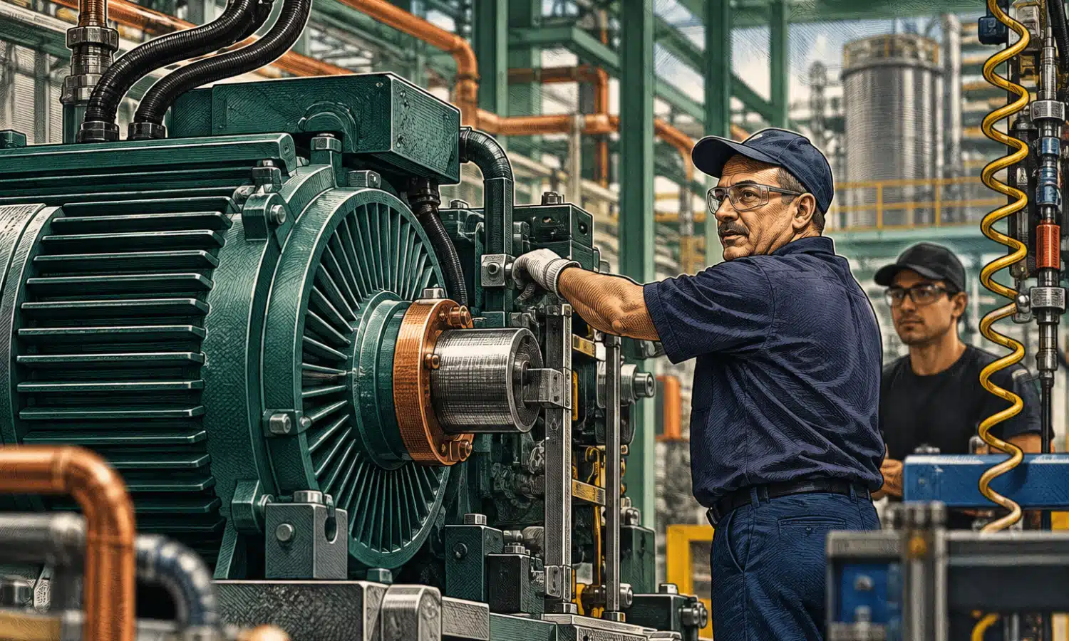 Illustrazione di un addetto accanto a macchinari industriali e componenti elettrici.
