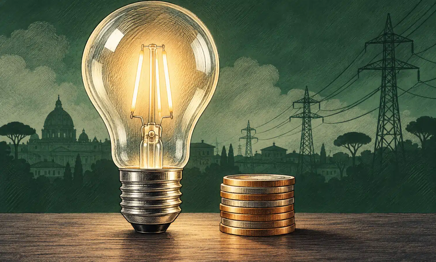 Illustrazione di una lampadina accesa accanto a una piccola pila di monete, a evocare il tema del prezzo dell’elettricità.