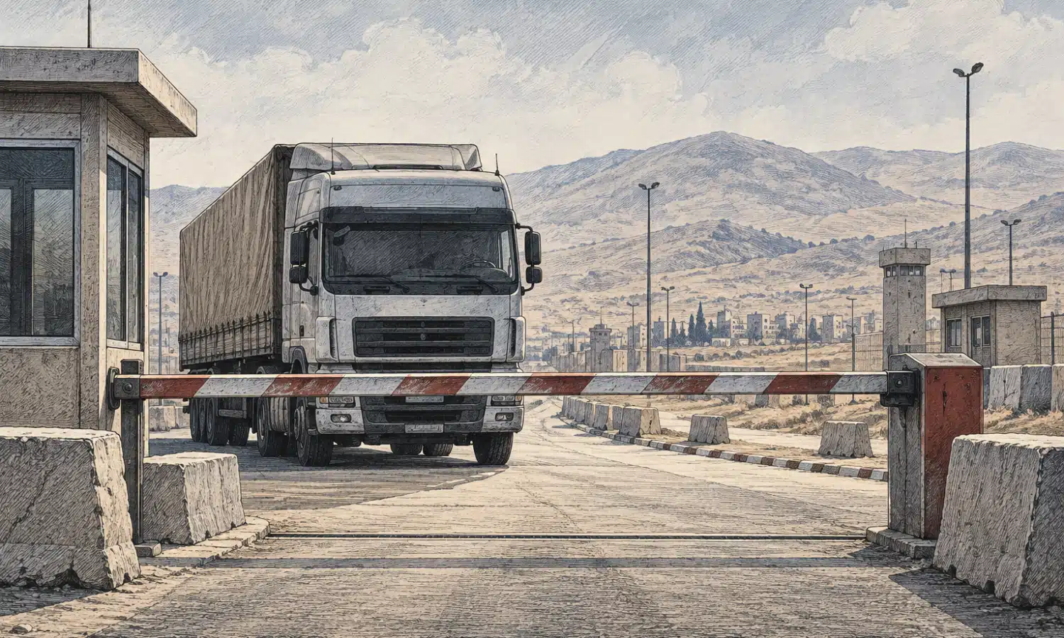 Una barriera abbassata blocca un camion davanti a un valico di frontiera vuoto.