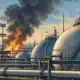 Illustrazione editoriale di serbatoi e tubazioni di un terminal petrolifero, con un pennacchio di fumo tenue sullo sfondo.