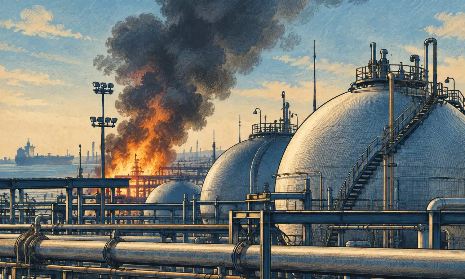 Illustrazione editoriale di serbatoi e tubazioni di un terminal petrolifero, con un pennacchio di fumo tenue sullo sfondo.