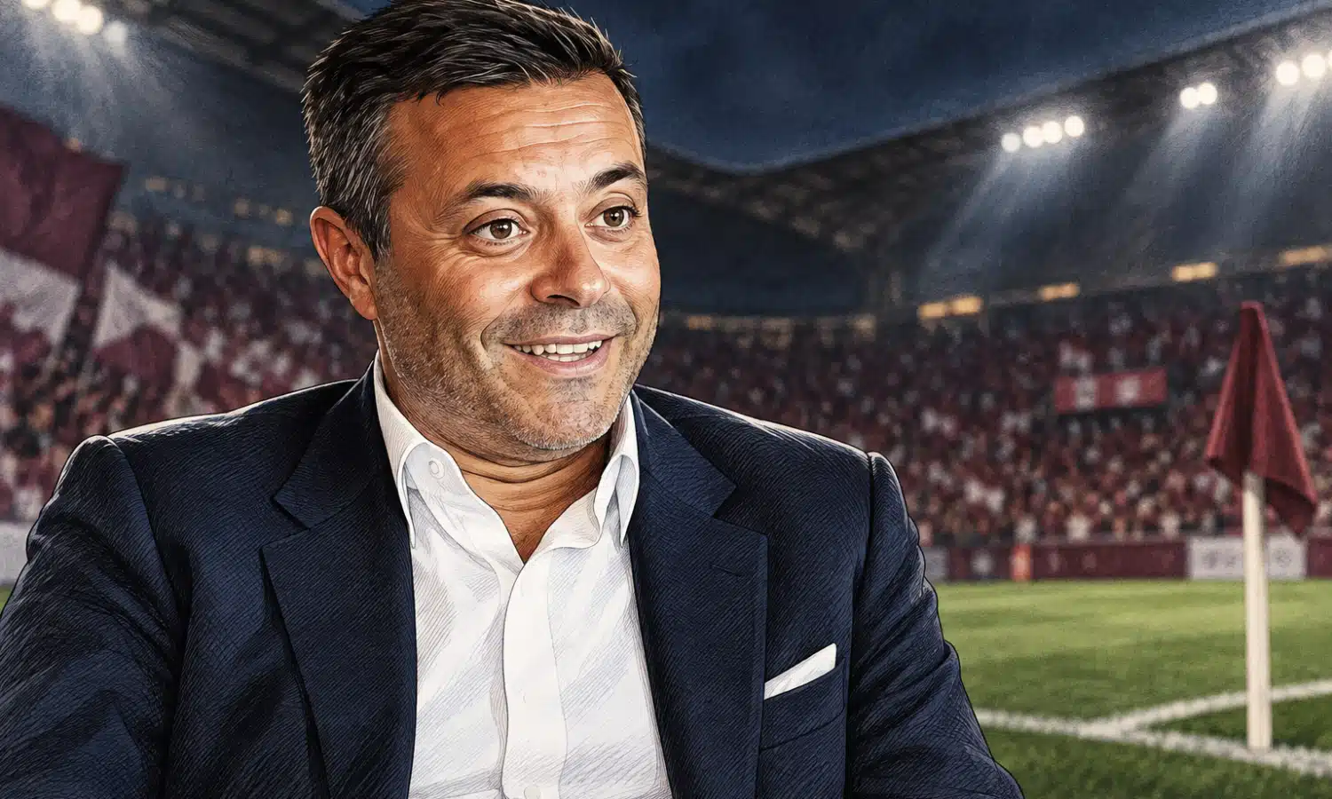 Ritratto illustrato dell’uomo nella foto di riferimento, con uno stadio calcistico generico sullo sfondo.