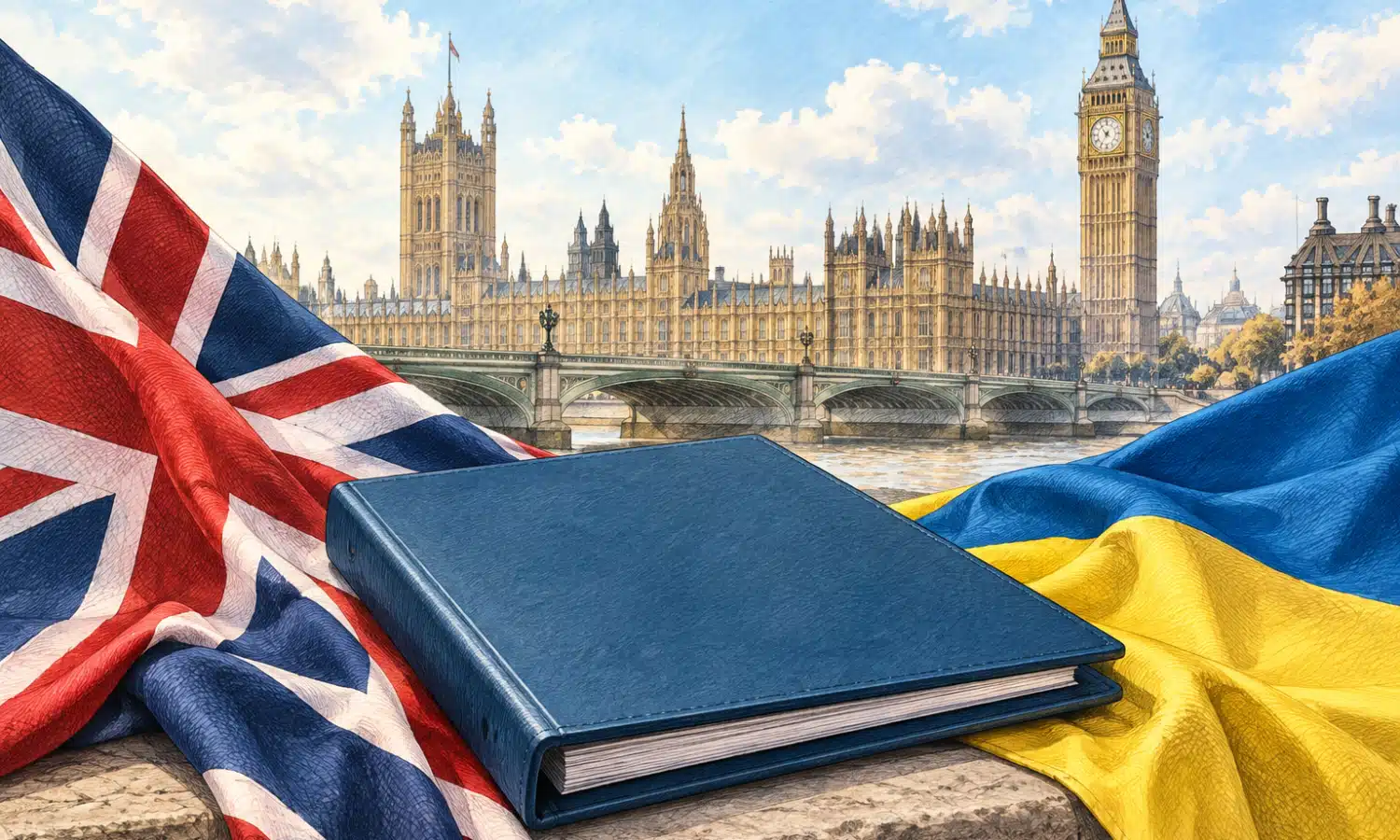 Un fascicolo blu senza scritte accanto ai colori delle bandiere britannica e ucraina, con Westminster sullo sfondo.