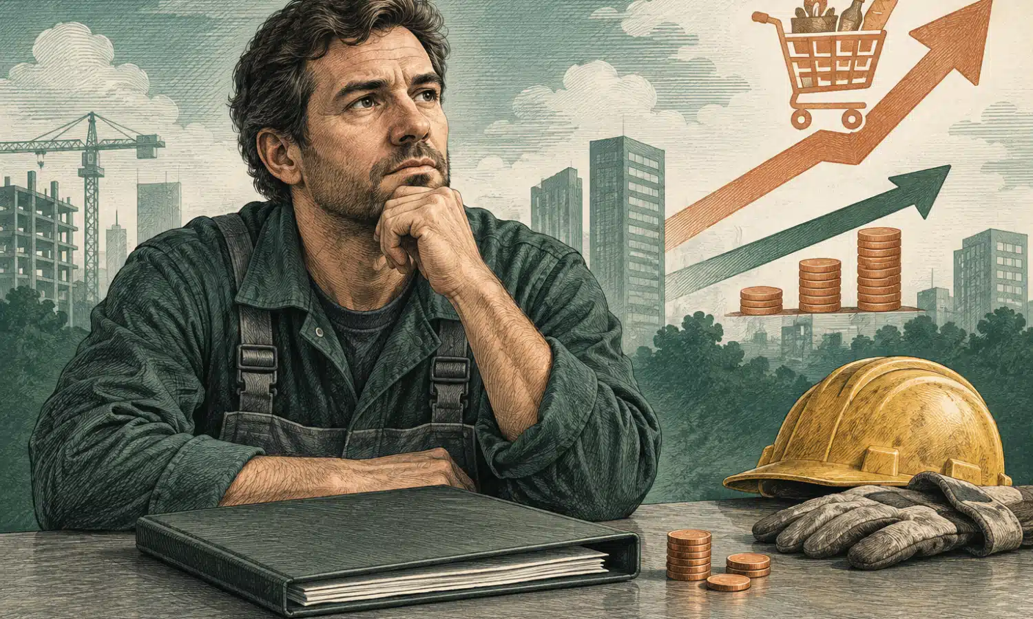 Illustrazione di un lavoratore generico accanto a una cartella contrattuale chiusa e a poche monete.