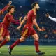 Illustrazione editoriale con giocatori della Roma in rosso e un giocatore dell’Udinese in bianconero sul campo, su uno sfondo scuro di stadio.