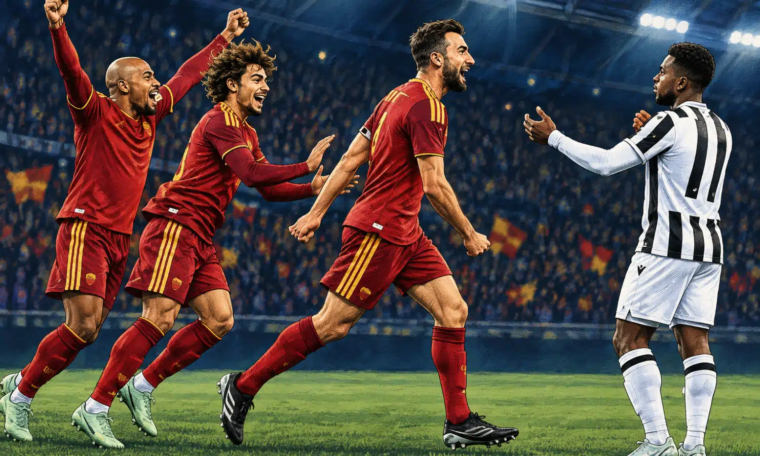 Illustrazione editoriale con giocatori della Roma in rosso e un giocatore dell’Udinese in bianconero sul campo, su uno sfondo scuro di stadio.