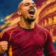 Illustrazione di un calciatore della Roma in primo piano, in esultanza, con uno sfondo essenziale nei toni blu dello stadio.