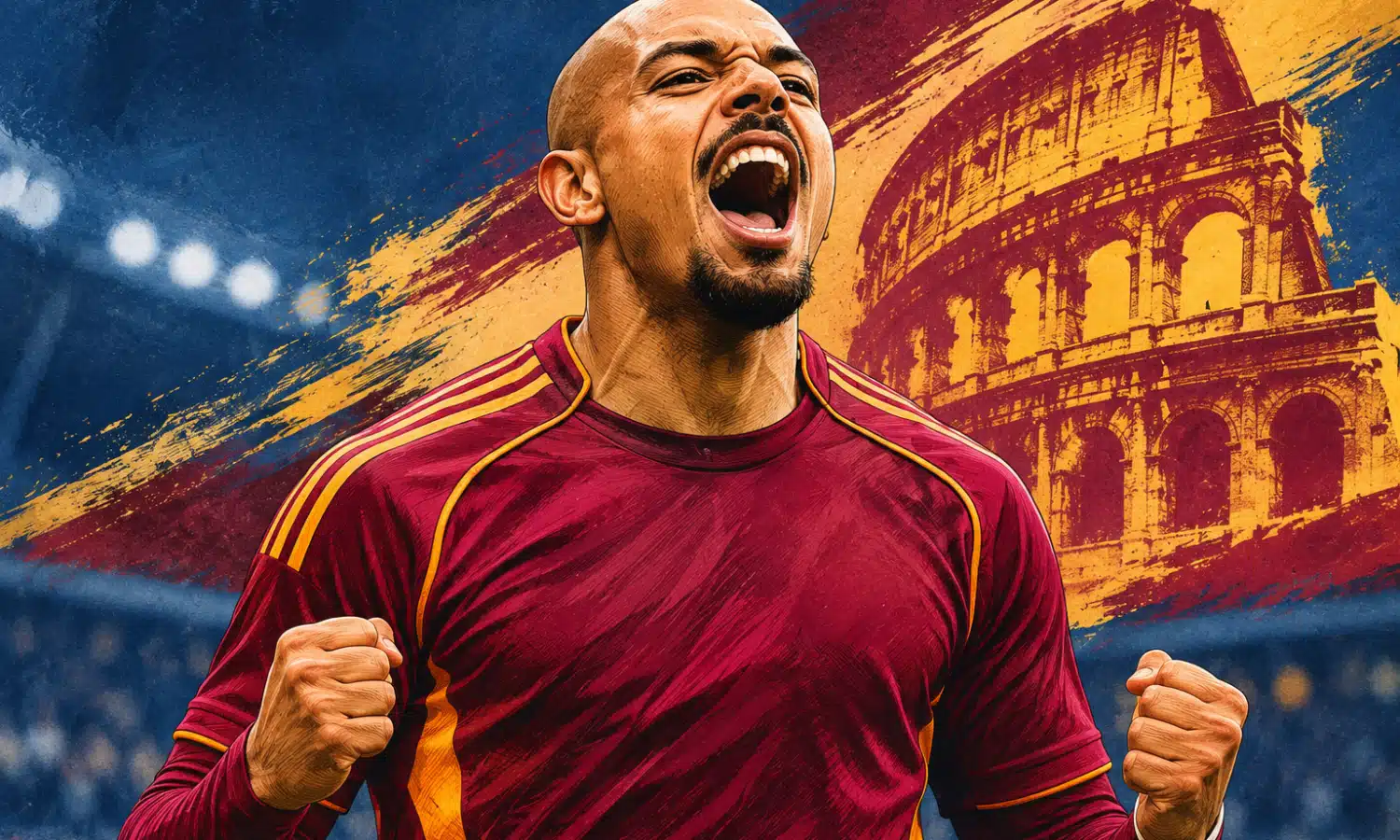 Illustrazione di un calciatore della Roma in primo piano, in esultanza, con uno sfondo essenziale nei toni blu dello stadio.