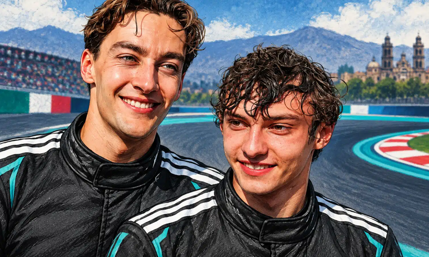 Ritratto illustrato di Kimi Antonelli e George Russell in tute da pilota Mercedes, con Antonelli leggermente in primo piano e uno sfondo essenziale ispirato a un circuito.