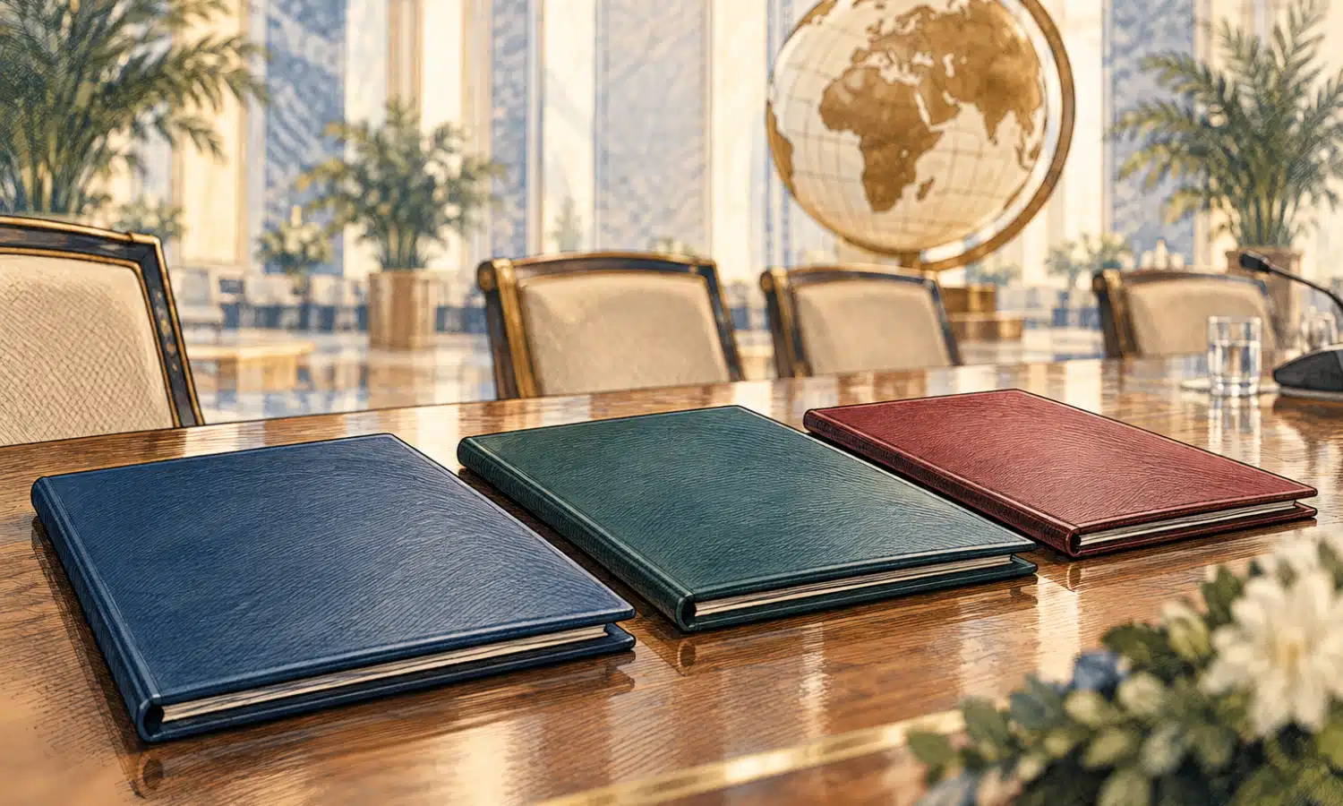 Tre cartelle documentali chiuse su un tavolo da conferenza, in un’illustrazione editoriale sul vertice Russia-Africa.