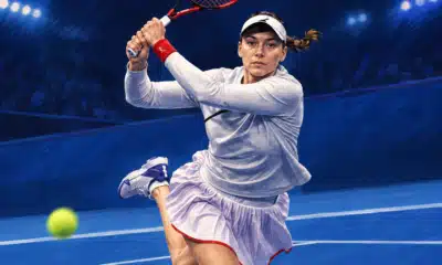 Illustrazione di una tennista con racchetta su un campo blu, ispirata alla foto di riferimento di Elena Rybakina.