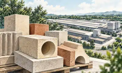 Blocchi di materiale refrattario davanti a un complesso industriale stilizzato.