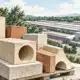 Blocchi di materiale refrattario davanti a un complesso industriale stilizzato.