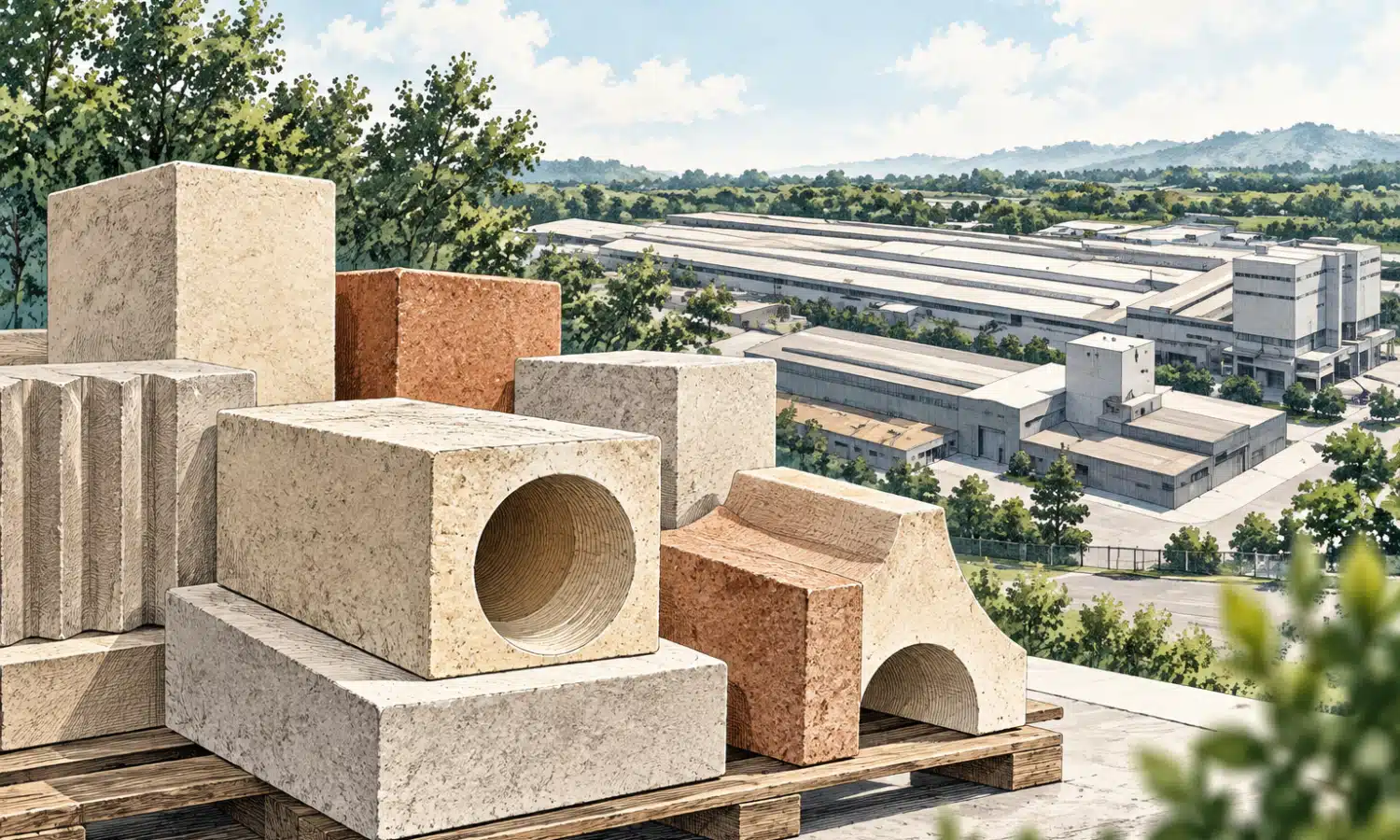 Blocchi di materiale refrattario davanti a un complesso industriale stilizzato.