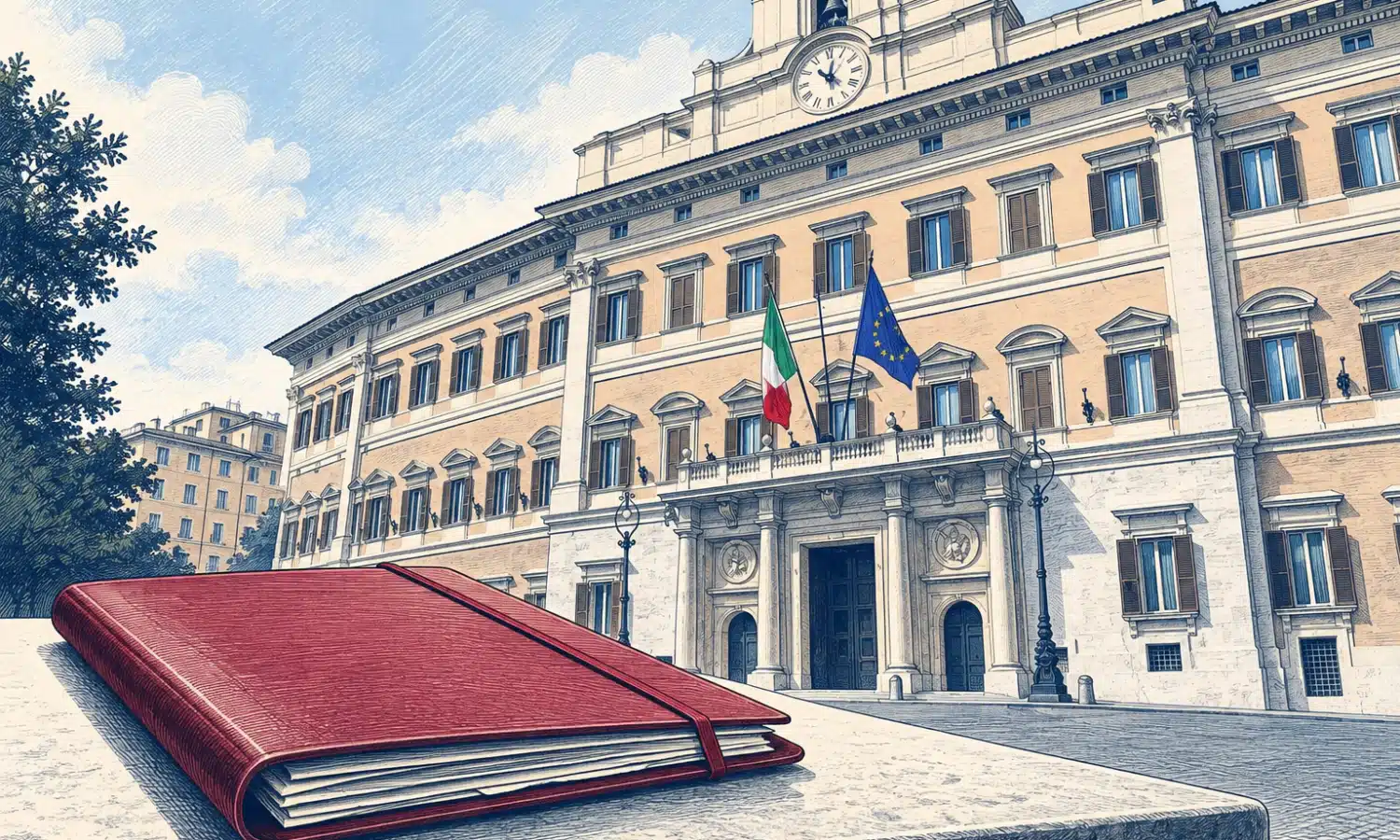 Illustrazione della facciata della Camera con un fascicolo chiuso in primo piano.