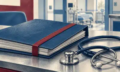Un fascicolo senza scritte accanto a uno stetoscopio su un banco in un ambiente sanitario essenziale.