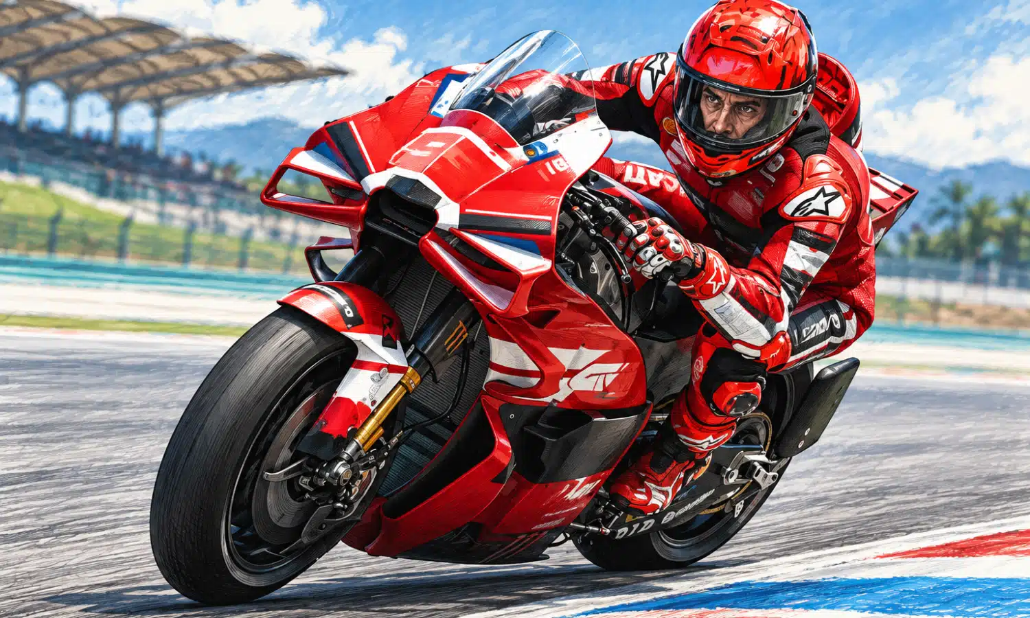 Illustrazione di un pilota in tuta rossa che affronta una curva in sella alla moto da corsa, ispirata alla foto di riferimento.