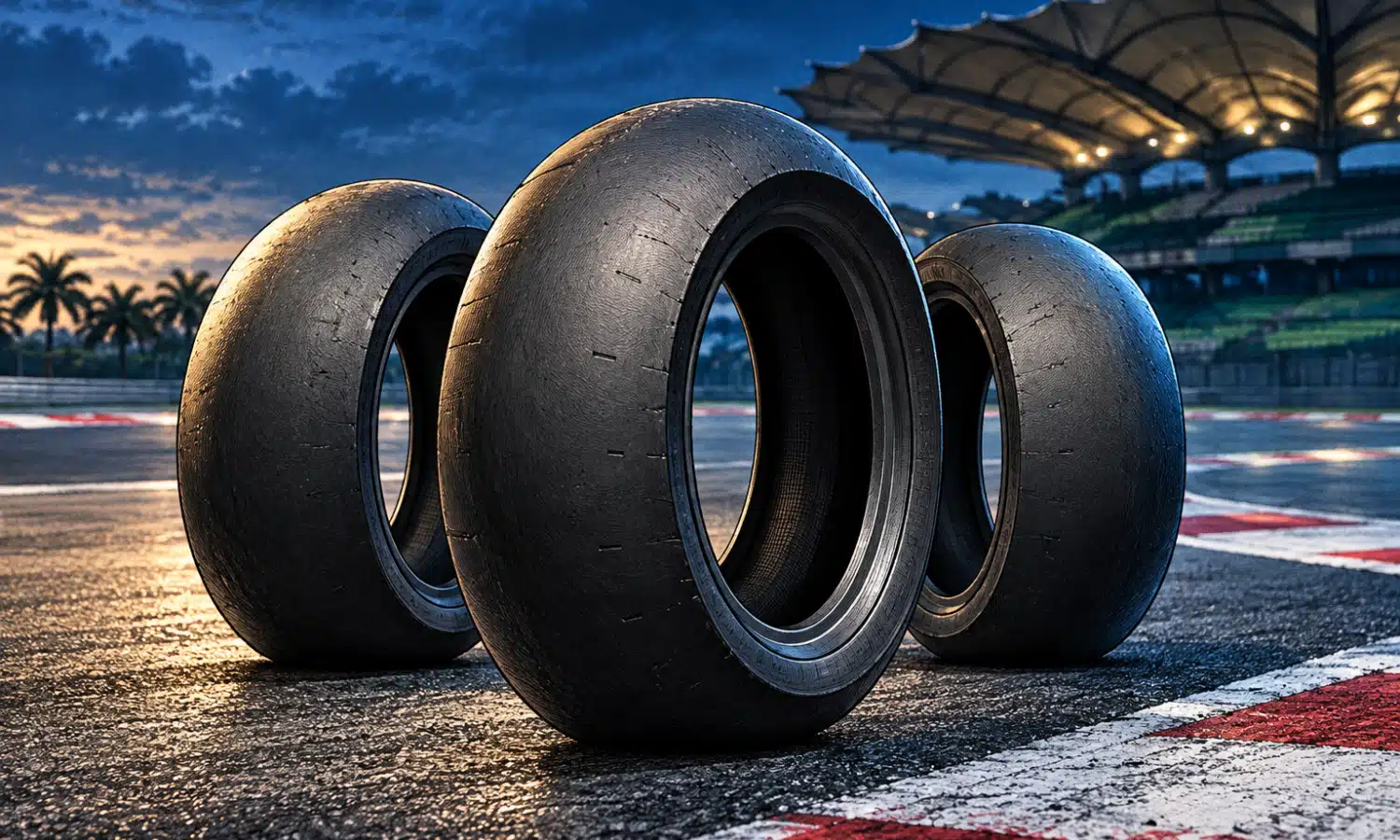 Illustrazione di tre pneumatici posteriori slick davanti a un circuito.