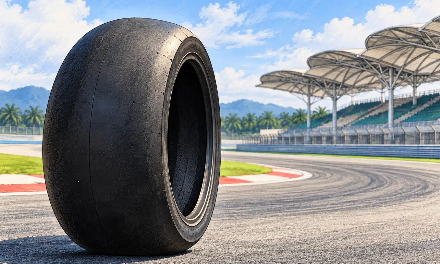 Illustrazione di uno pneumatico slick posteriore da moto da gara, senza marchi, con il tracciato di Sepang appena accennato sullo sfondo.