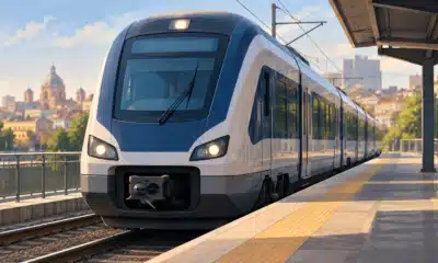 Treno regionale fermo su un binario in una stazione urbana bolognese