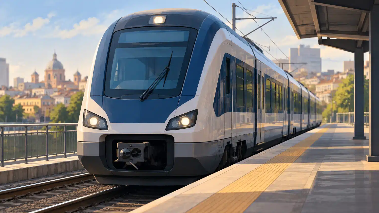 Treno regionale fermo su un binario in una stazione urbana bolognese