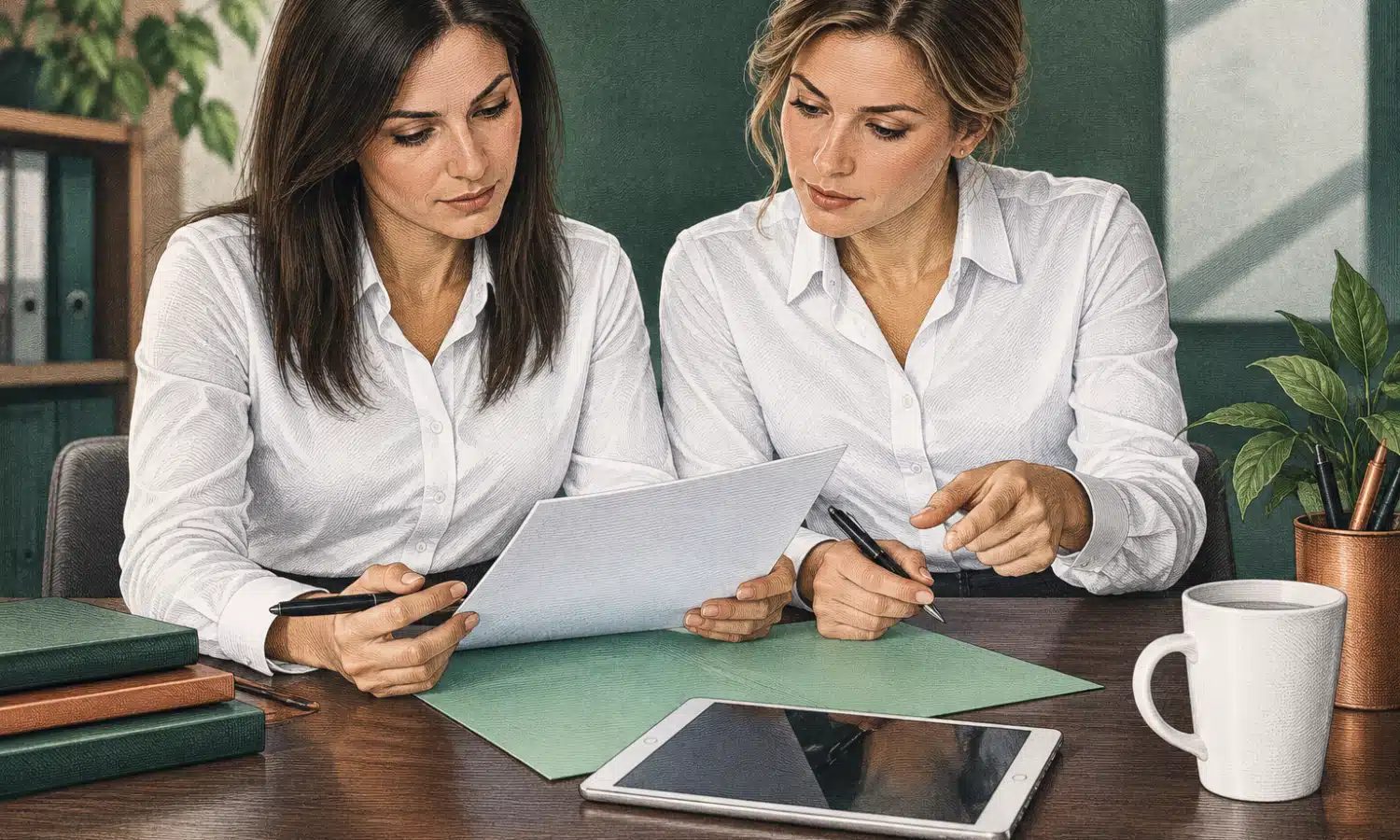 Mani al lavoro su documenti e tablet, in una scena di preparazione di una pratica aziendale.