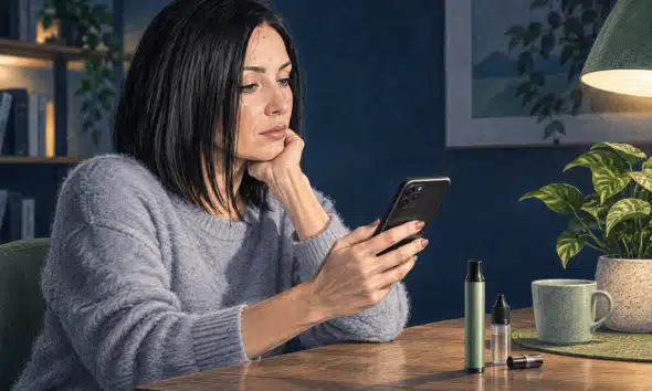 Illustrazione di una donna adulta accanto a uno smartphone e a un kit generico per sigaretta elettronica.