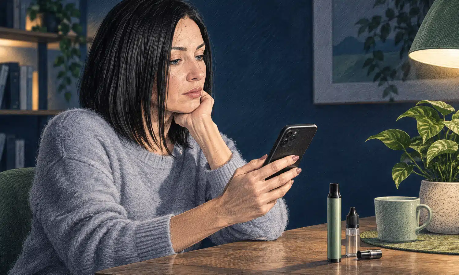 Illustrazione di una donna adulta accanto a uno smartphone e a un kit generico per sigaretta elettronica.