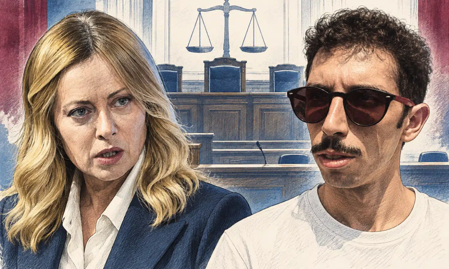 Illustrazione editoriale con i ritratti di Giorgia Meloni e Youssef Siher davanti a uno sfondo essenziale che richiama un’aula di giustizia.
