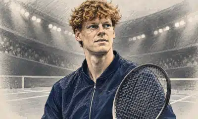 Illustrazione editoriale di un tennista ispirato al soggetto in primo piano nella foto di riferimento, con una racchetta e un campo indoor appena accennato sullo sfondo.