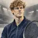 Illustrazione editoriale di un tennista ispirato al soggetto in primo piano nella foto di riferimento, con una racchetta e un campo indoor appena accennato sullo sfondo.