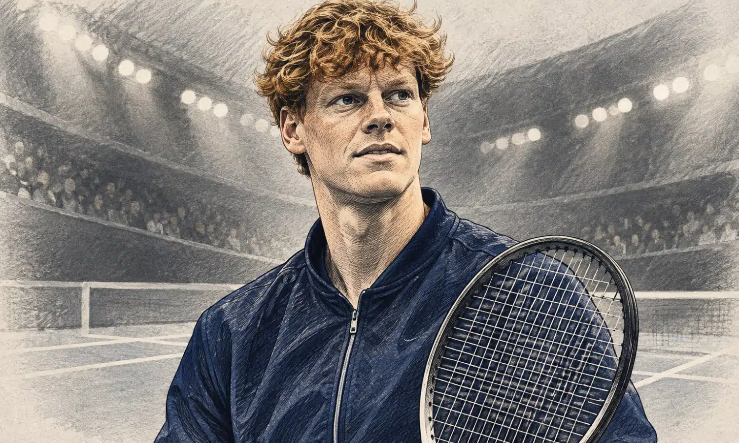 Illustrazione editoriale di un tennista ispirato al soggetto in primo piano nella foto di riferimento, con una racchetta e un campo indoor appena accennato sullo sfondo.