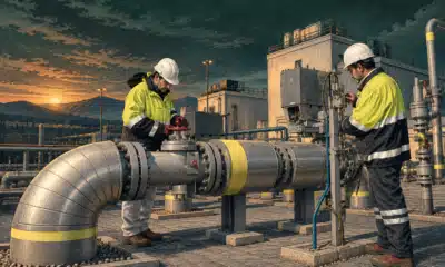 Illustrazione di due operatori presso una condotta e una valvola in un impianto gas.